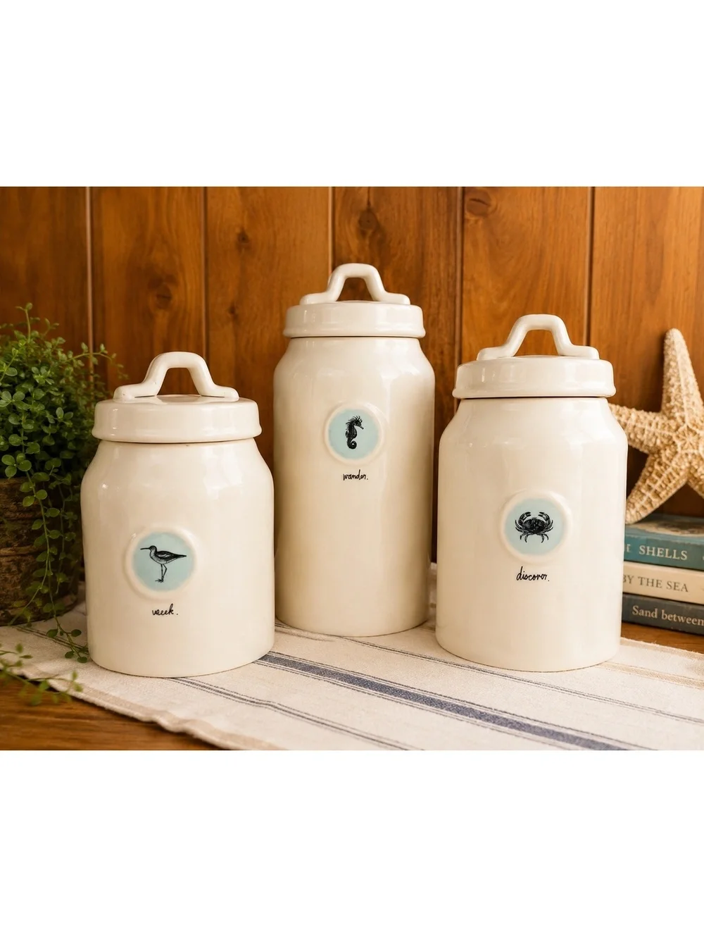 Rae Dunn Coastal Canister Set Seek Wander Discover Sea Life Rare Retired